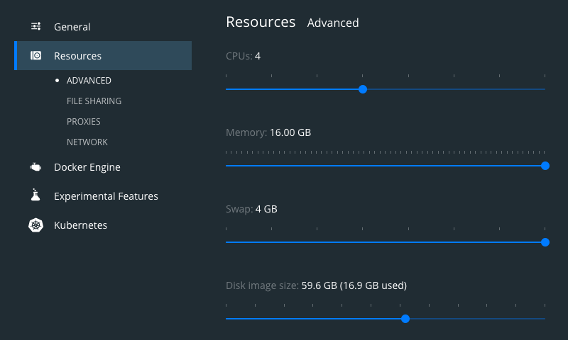 Docker > Preferences > Resources